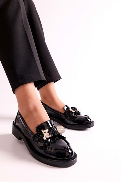 Shoeberry Maren Black Patent Leather Loafer - Teddy Bear Buckle, Wrinkled Cut