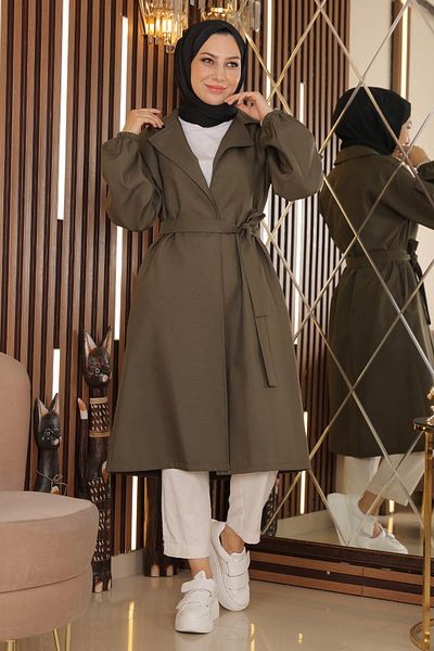 Modamihram Wide Collar Belted Trench Coat Khaki 19148