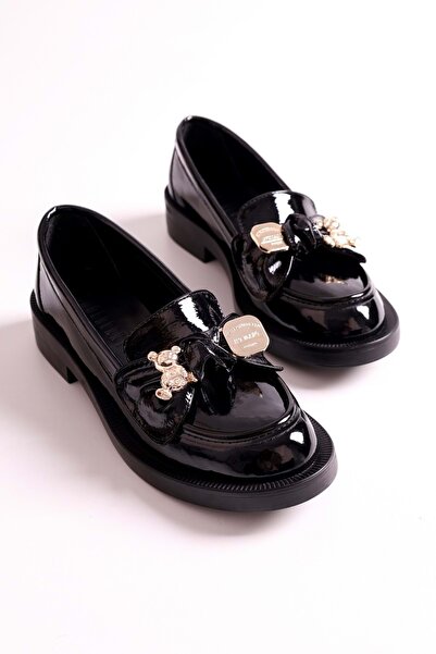Shoeberry Maren Black Patent Leather Loafer - Teddy Bear Buckle, Wrinkled Cut