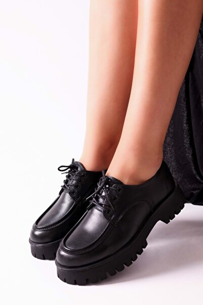 Shoeberry Women's Bowie Black Skin Lace-Up Loafer Black Skin