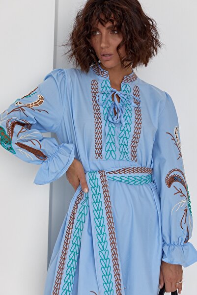 FEMELLE Rochie vintage de damă cu broderie broderie, cu centură, sezon nou