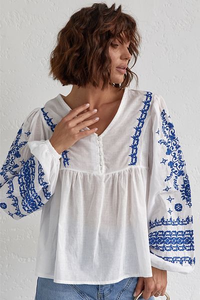 FEMELLE Women's New Season Button Detailed Embroidered Cotton Blouse