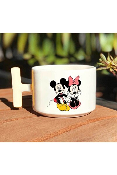 HobiShop Mickey Ve Minnie Mouse Baskılı Beyaz T Kulp Kupa Bardak
