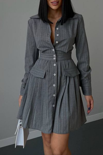 Ortaya Çık Gray Pleated Design Shirt Dress