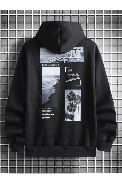 Benisengiydir Μαύρο φούτερ με στάμπα Santa Monica με κουκούλα Unisex