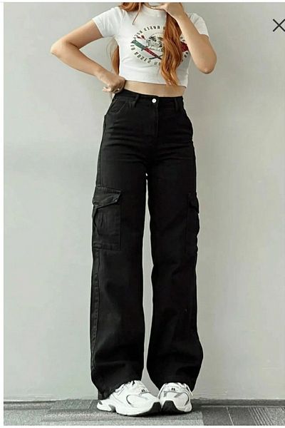 Trn JNS Γυναικεία Dora Black Cargo Pocket Extra High Waist Palazzo Jean χωρίς πίσω τσέπη