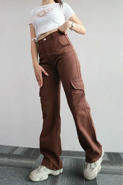 Trn JNS Hayley γυναικεία καφέ Cargo τσέπη Extra High Waist Palazzo Jean χωρίς πίσω τσέπη