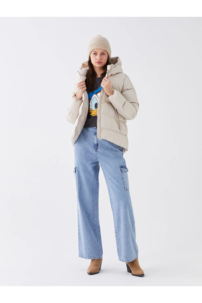 1Moda1Tarz Women's White Lined Hooded Zippered Puffer Coat