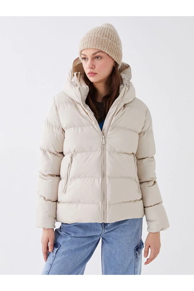 1Moda1Tarz Women's White Lined Hooded Zippered Puffer Coat
