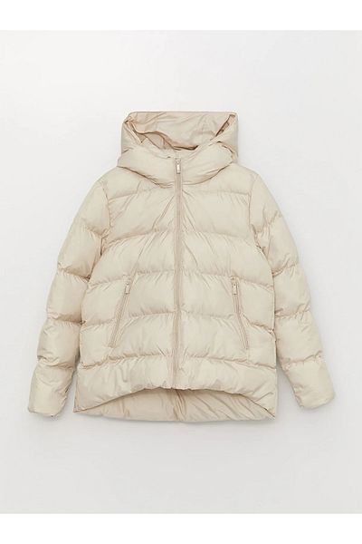 1Moda1Tarz Women's White Lined Hooded Zippered Puffer Coat