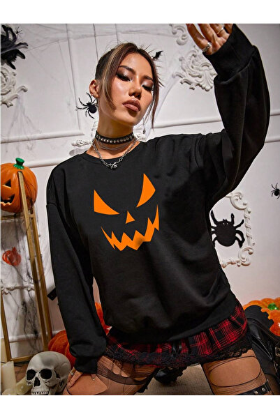 YUVEST Unisex oversize dukserica sa širokim izrezom i printom HALLOWEEN PUMPKIN