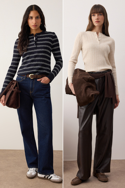 Trendyol Collection Navy Blue-Stone Crew Neck 2-Piece Knitwear Sweater Twoaw26Kz00187