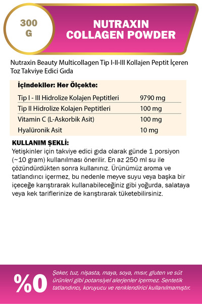 Nutraxin Beauty Collagen Gold Quality Powder 300 gr - Tip 1,2,3 Kolajen, Vitamin C, Hyalüronik Asit