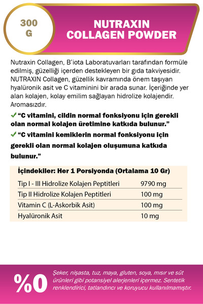 Nutraxin Beauty Collagen Gold Quality Powder 300 gr - Tip 1,2,3 Kolajen, Vitamin C, Hyalüronik Asit