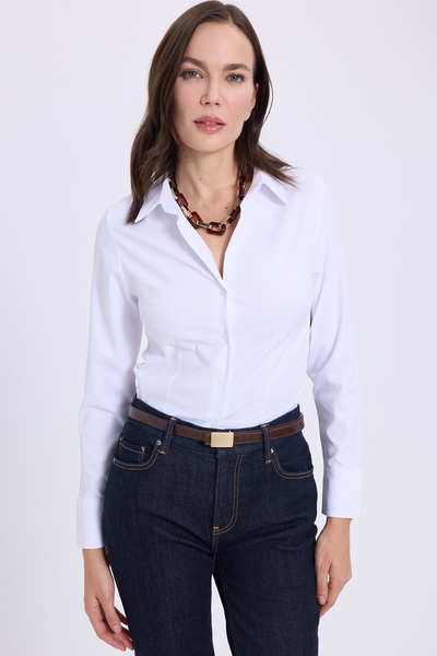Tudors Kadın Slim Fit Dar Kesim Klasik Yaka Uzun Kollu Beyaz Gömlek
