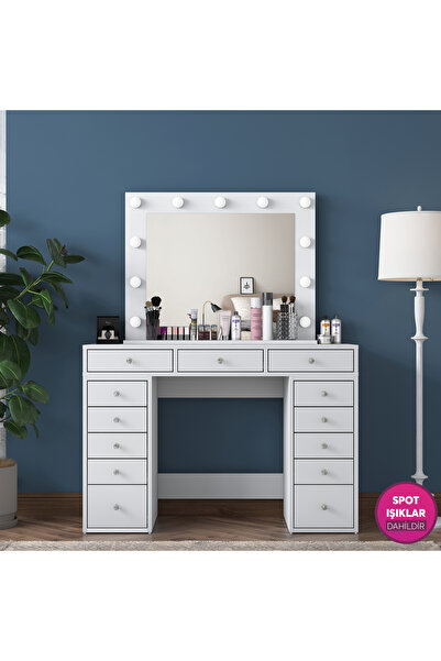 Rani Mobilya Rani Bj119 Hollywood Işıklı Aynalı Kulis Makyaj Masası Takı Düzenleyici Beyaz