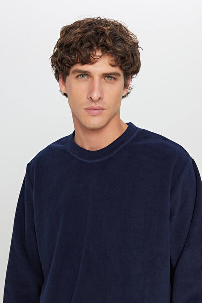 AC&Co / Altınyıldız Classics Ανδρικό φούτερ Navy Blue Fleece Standard Fit Κανονική εφαρμογή με λαιμόκοψη
