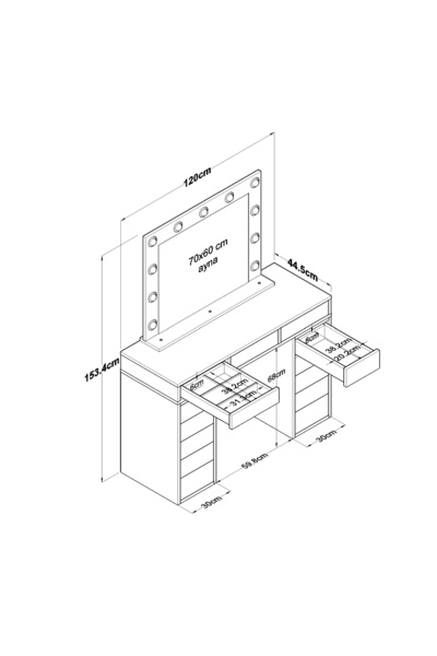 Rani Mobilya Rani Bj119 Hollywood Işıklı Aynalı Kulis Makyaj Masası Takı Düzenleyici Beyaz