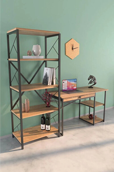 Victor Vallery Ceviz 5 Raflı Kitaplık Ve 2 Raflı Çalışma Masası Takımı Ders Ofis Laptop Masası Ve Kitaplık Seti