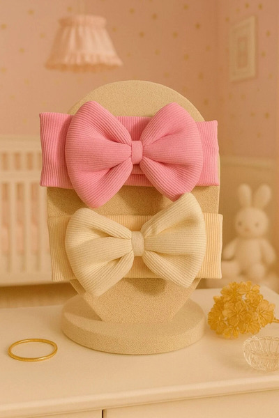 Pico Baby Kız Bebek & Çocuk Fiyonklu Çift Kat Bandana 2'li Set (Krem/Pembe)