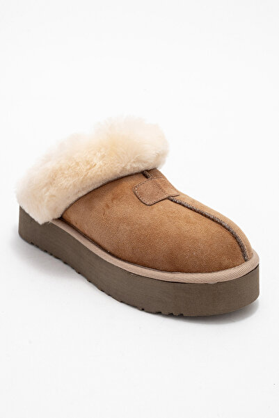 LuviShoes Велурени дамски чехли Olessa Tan от естествена кожа