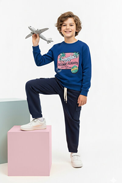 TRENDYOLKIDS طقم سترة محبوكة للأولاد من القطن الأزرق مطبوع عادي - طقم علوي TKDAW26AU00046