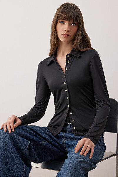 Trendyol Collection Trendyol Studio Collection Black Polo Neck Full Buttoned Bodycon Stretchy Knitted Blouse Twoaw26Bz00276