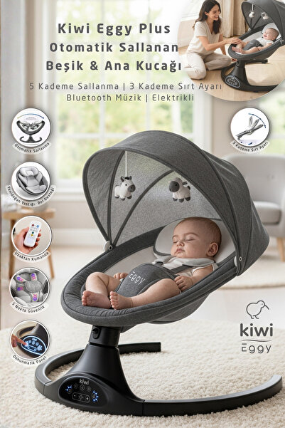 Kiwi Eggy Plus Elektrikli Otomatik Sallanan Bebek Ana Kucağı, 5 Farklı Sallanma Hızı, Oyuncaklı, Antrasit