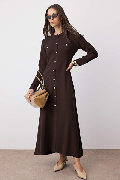 Trendyol Modest Brown Gold Buttoned Knitwear Thessaloniki Dress Tctaw26Eb00009