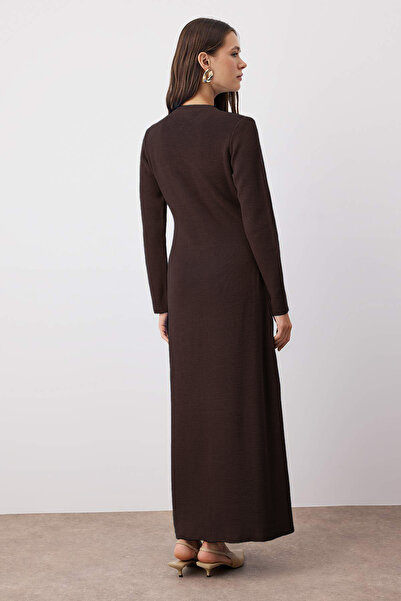 Trendyol Modest Brown Gold Buttoned Knitwear Thessaloniki Dress Tctaw26Eb00009