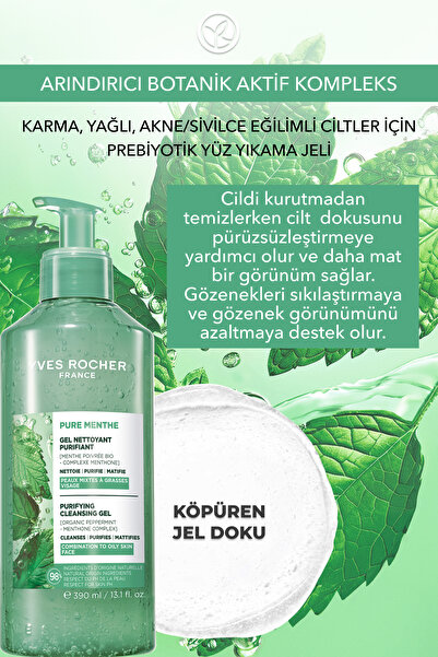 Yves Rocher Yüz Yıkama Jeli-Karma,Yağlı,Sivilce Eğilimli Cilt-Pure Menthe Arındırıcı Botanik Kompleks 390ml