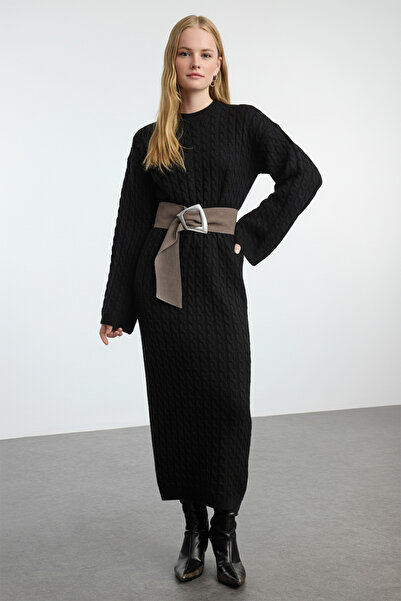 Trendyol Modest Black Hair Braided Knitwear Dress Tctaw25Eb00035