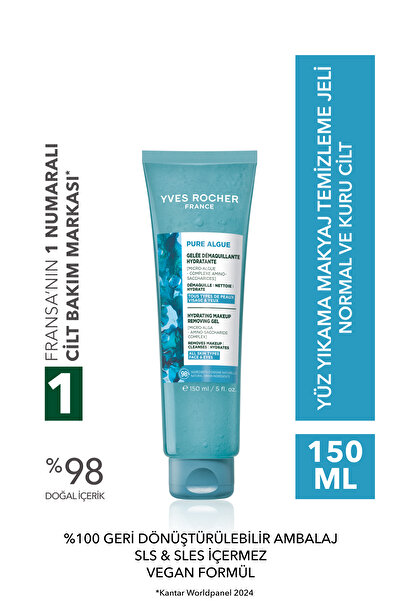 Yves Rocher Yüz Yıkama/Makyaj Temizleme Jeli-Normal ve Kuru Cilt-Pure Algue Nemlendirici Botanik Kompleks 150ml