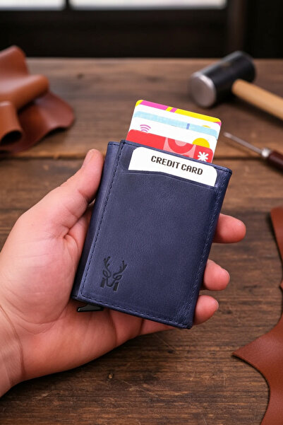 Modica Hakiki Deri Otomatik Mekanizmalı RFID Korumalı Erkek Mavi Kartlık Cüzdan Pescol