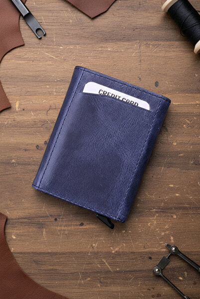 Modica Hakiki Deri Otomatik Mekanizmalı RFID Korumalı Erkek Mavi Kartlık Cüzdan Pescol