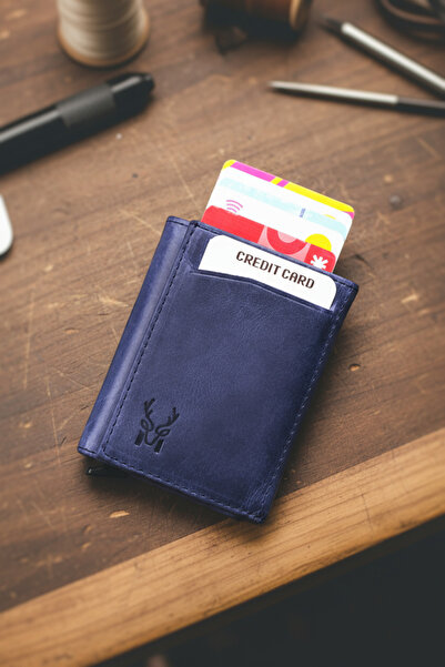 Modica Hakiki Deri Otomatik Mekanizmalı RFID Korumalı Erkek Mavi Kartlık Cüzdan Pescol