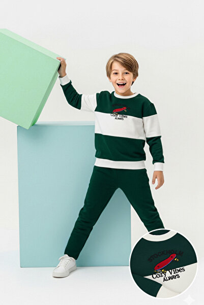 TRENDYOLKIDS Green Cotton Transitional Embroidered Regular Boy Knitted Bottom - Top Set Tkdaw26Au00068