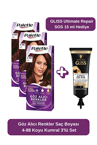 Palette Göz Alıcı Renkler Saç Boyası 4-88 Koyu Kızıl Saç Boyası 3'lü Set + Ul...