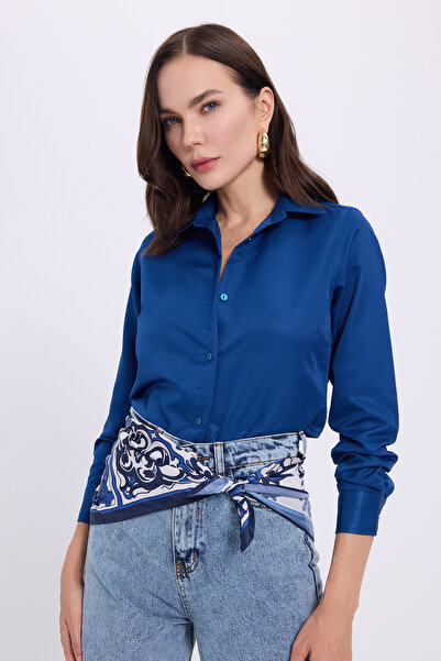 Tudors Kadın Slim Fit Dar Kesim Vucüda Oturan Uzun Kollu Lacivert Basic Gömlek