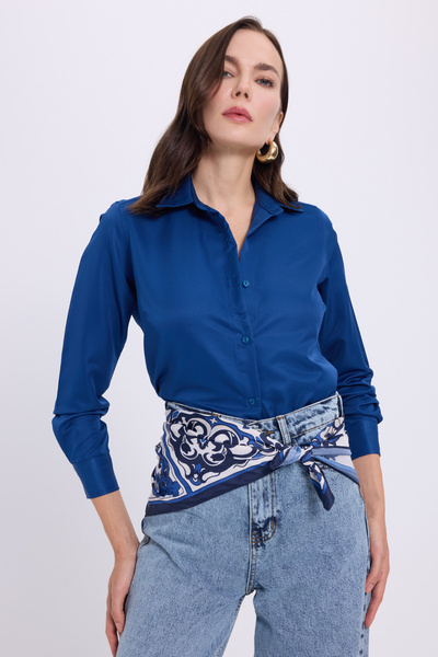 Tudors Kadın Slim Fit Dar Kesim Vucüda Oturan Uzun Kollu Lacivert Basic Gömlek