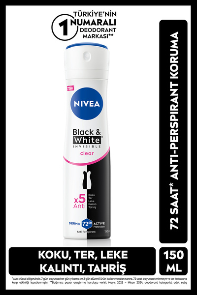 NIVEA Kadın Sprey Deodorant Black White Invisible Clear 150 ml,72 Saat Anti Perspirant Koruma,Çiçeksi Koku
