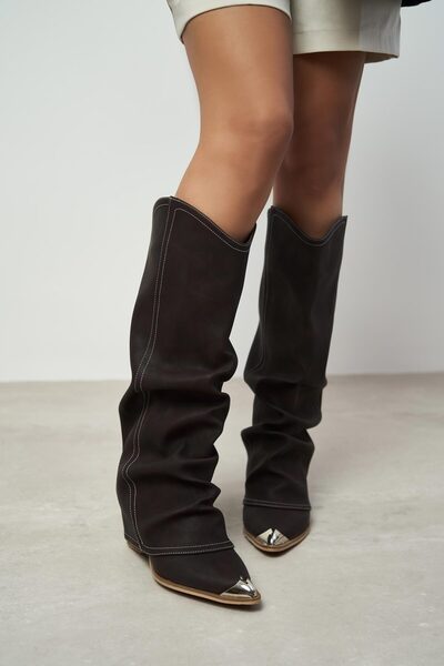 NİŞANTAŞI SHOES Velva καφέ ματ δερμάτινο δάχτυλο με λεπτομέρεια φυσούνα Γυναικείες μπότες Western με τακούνι