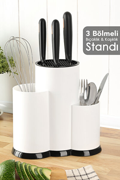 Meleni Home Στήριγμα μαχαιριών με διαχωριστικά στοιχεία - Βάση για κουτάλια και μαχαίρια Οργανωτής κουζίνας Λευκό