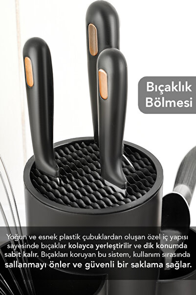Meleni Home Στήριγμα μαχαιριών με διαχωριστικά στοιχεία - Βάση για κουτάλια και μαχαίρια Οργανωτής κουζίνας Μαύρο