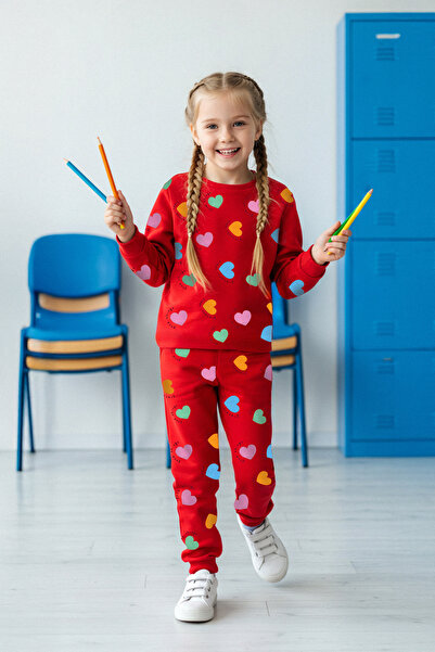 TRENDYOLKIDS Red Soft Textured Girl's Heart Printed Knitted Pajamas Suit Tkdaw25Au00130