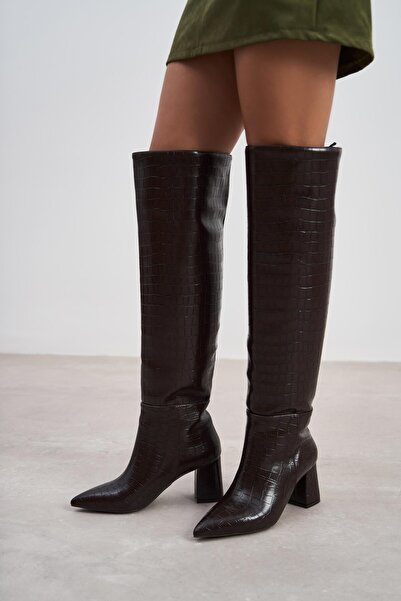 NİŞANTAŞI SHOES Dámské kozačky na podpatku – Berny Brown se vzorem, špičatá špička