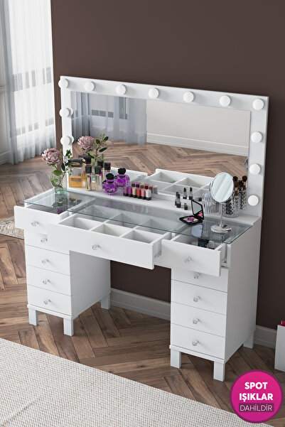Rani Mobilya Rani BJ137 Hollywood Işıklı Aynalı Kulis Makyaj Masası 11 Çekmeceli Takı Düzenleyici Beyaz