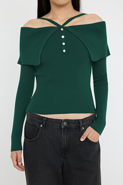 Trendyol Collection Emerald Green Premium Yarn/Special Yarn Carmen Neck Strap Knitwear Sweater Twoaw26Kz00076