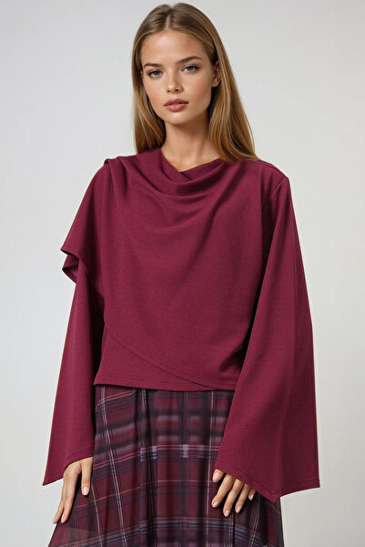 Trend Alaçatı Stili Women's Wine Crew Neck Self Wrap Detail Wide Cut Design Blouse Alc-X14420
