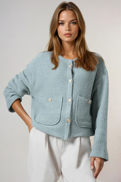 Trend Alaçatı Stili Wassergrüne Damen-Strickjacke mit zwei Taschen und goldenen Knöpfen, ALC-X14671